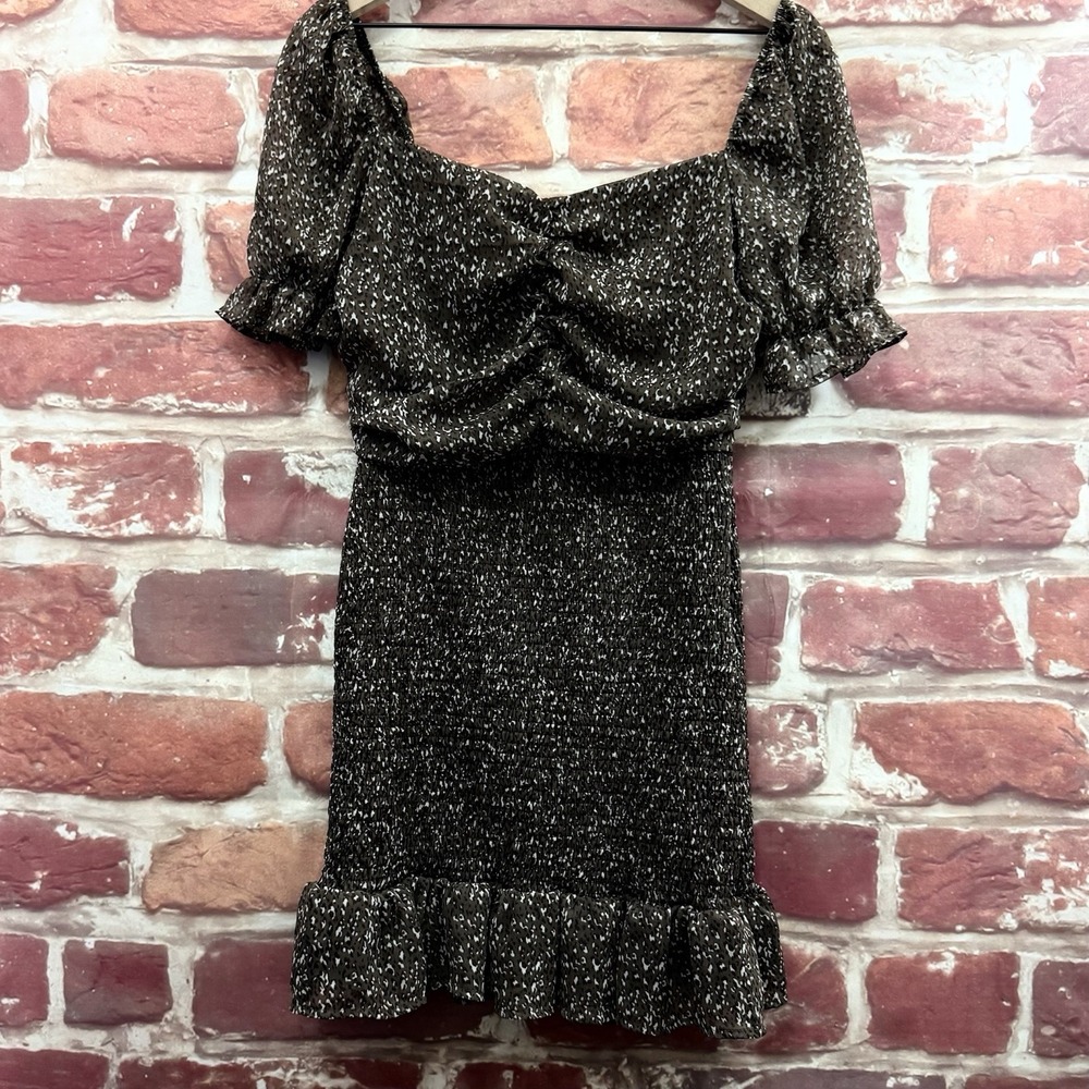 Anthropologie SHE + SKY Dress Womens L Brown Micro Animal Print Smocked Sundress
